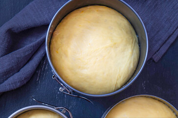 Easter cake dough in a metal pan. Preparation before baking Easter cake