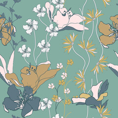 Summer tropical floral print, large lily flowers on a green background. Vector vintage texture for fabric.