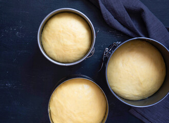 Easter cake dough in a metal pan. Preparation before baking Easter cake