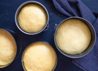 Easter cake dough in a metal pan. Preparation before baking Easter cake