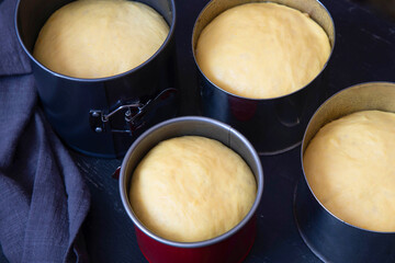 Easter cake dough in a metal pan. Preparation before baking Easter cake