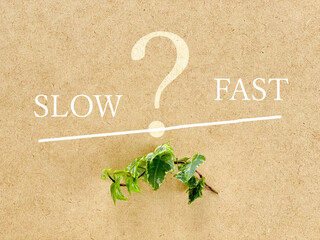 天秤にかけるSLOWとFASTの文字_ボードとツタ背景