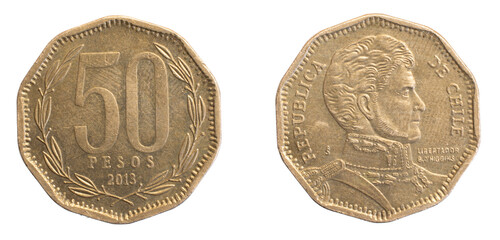 Chile fifty pesos coin on a white isolated background