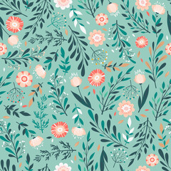 Seamless vector pattern with hand drawn colorful flowers, leaves and floral elements isolated on green background. Template for print, fabric, invitation, wallpaper, card, cover, brochure