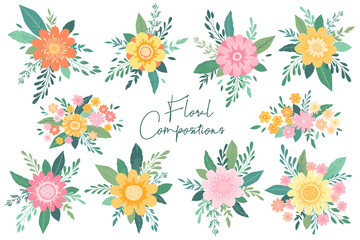 Fototapeta na wymiar Vector collection of floral compositions from hand drawn colorful flowers, leaves and branches isolated on white background. Bouquet design templates for wedding invitation, card, brochure