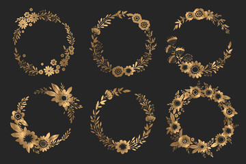 Vector collection of round gold wreaths from hand drawn flowers, leaves and branches isolated on black background. Elegant floral design templates for wedding invitation, card, brochure