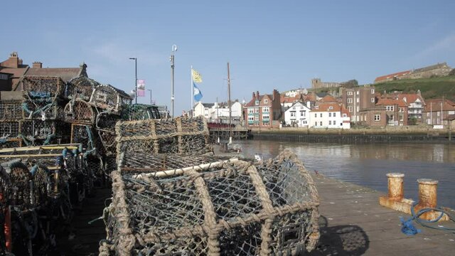 Fishing baskets, River Esk and St. Mary's Church, Whitby, North Yorkshire, England, United Kingdom, Europe