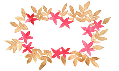 Red flower and brown leaves floral rectangle wreath watercolor hand painting for decoration on Autumn, wedding and Thanksgiving fesival.