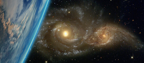 Galactic disaster - Collision of two galaxies planet earth in the foreground 