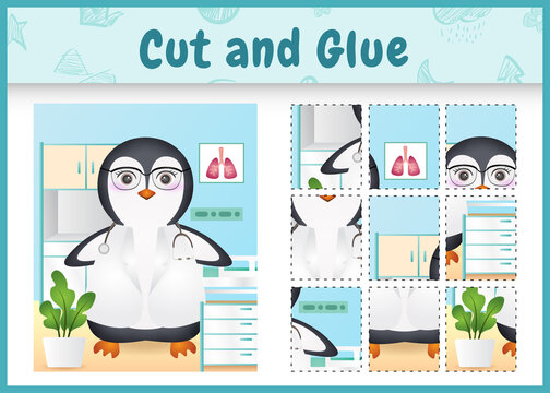 Children board game cut and glue with a cute penguin doctor character illustration