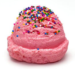 Strawberry ice cream scoop or ball with colorful sprinkles on isolated background.