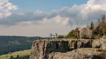 Rock formations on tourist trail called Rock Labyrinth on Szczeliniec Wielki plateau in Table...