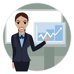 Smiling female financier demonstrates a profit growth chart. Business woman cartoon character. Vector illustration.
