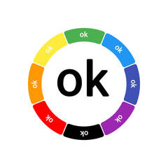 A large black ok symbol in the center, surrounded by eight white symbols on a colored background. Background of seven rainbow colors and black. Vector illustration on white background