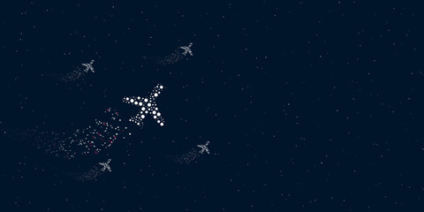 Fototapeta na wymiar A plane symbol filled with dots flies through the stars leaving a trail behind. Four small symbols around. Empty space for text on the right. Vector illustration on dark blue background with stars