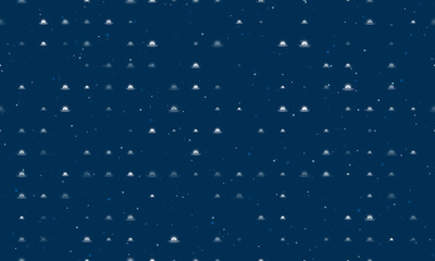 Seamless background pattern of evenly spaced white sunrise at sea symbols of different sizes and opacity. Vector illustration on dark blue background with stars