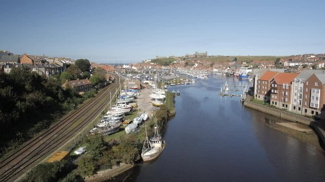 River Esk and panoramic view of Whitby, Whitby, North Yorkshire, England, United Kingdom, Europe