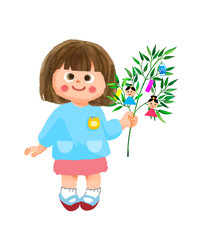 七夕の笹飾りを持ち微笑む日本の女の子

