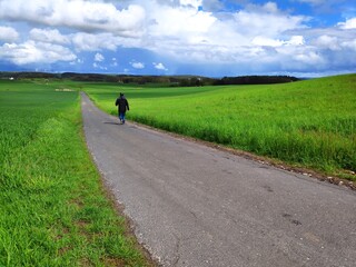 Obraz premium A beautiful Spring scene on a country road in Franconia, Germany as a middle-aged man goes walking towards a dramatic skyscape.