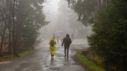 Trail with tourists in Błędne Skały. Table Mountains, Poland. Rain weather.