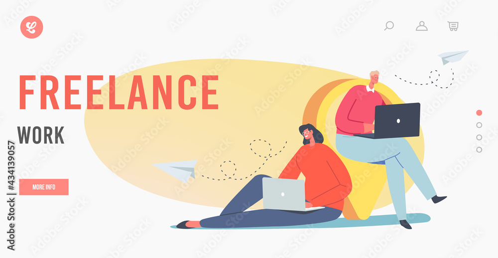 Wall mural freelance work landing page template. tiny characters with laptops at huge navigation pin. outsourci