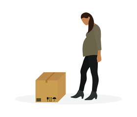 Pregnant female character looking at closed cardboard box on white background