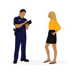 Policeman in uniform writing on sheet of paper and female character together on white background