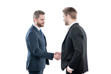 two men shaking hands. businessmen on meeting. boss and employee. partners after business deal.