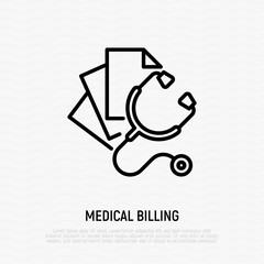 Medical bills: stethoscope with sheets of paper. Thin line icon. Healthcare insurance. Medical invoice. Vector illustration.