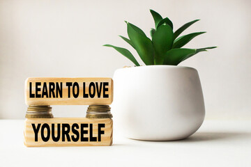 text LEARN TO LOVE YOURSELF on wooden cubes, with plants, coins, and stationery items. business concept