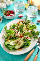 Fresh mixed vegetables salad with cucumber, radish and tomato. Summer healthy vegetable salad. Healthy food.