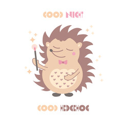 Cute hedgehog with pink magic wand on white background with stars. Cartoon character for nursery poster, card, wall art. Nursery vector illustration.
