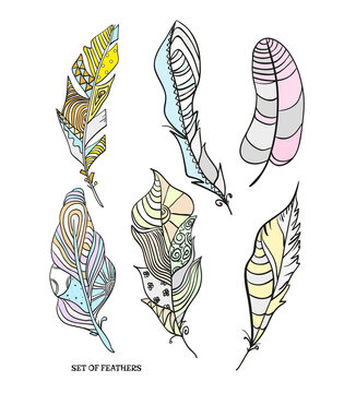 Feathers. Design Zentangle. Pastel colors. Hand drawn feathers with abstract patterns on isolation background. Design for spiritual relaxation for adults. Print for polygraphy and textiles. Zen art