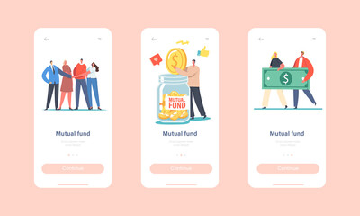 Mutual Fund Mobile App Page Onboard Screen Template. Office Colleagues Characters Join Hands, Financial Help