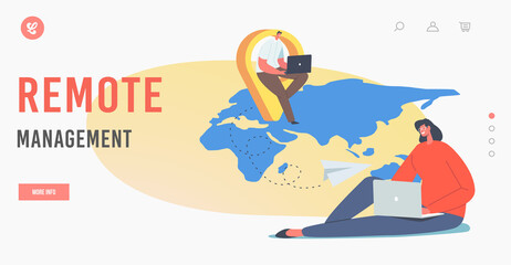 Remote Management Landing Page Template. Characters Telework and Global Outsourcing, Employees Work from Home