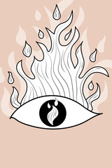 Simple Boho Abstract Devil Fire Eye in Minimal Linear Style. Astrological Mystifical Sacred Talismans for Tattoo, T-shirt, Prints, Boho Poster, Magic, Occult, Bohemia, Tribal Elements, Fethers