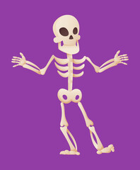 Funny cartoon skeleton spreads his hands. Bony character. Human bones illustration skeletal. Dead man on color background