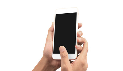 Hand holding smartphone device touching screen