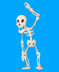 Funny cartoon skeleton posing raising his hand. Bony character. Human bones illustration skeletal. Dead man on color background