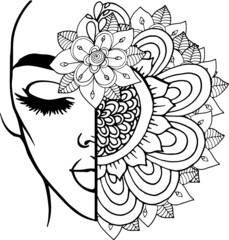 Hand drawn flower inspired black and white sketch adult coloring pages