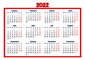 horizontal calendar grid for 2022 on a white background. twelve months. the calendar is a one-page calendar. a4. universal template, business layout. the cover of the diary.