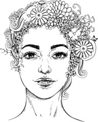 Hand drawn flower inspired black and white sketch adult coloring pages