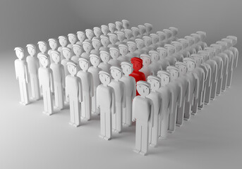 Red man stands in the crowd. Crowd of identical people. Sherny workers. Identify problems in the company's team. search for colleagues. 3D image.