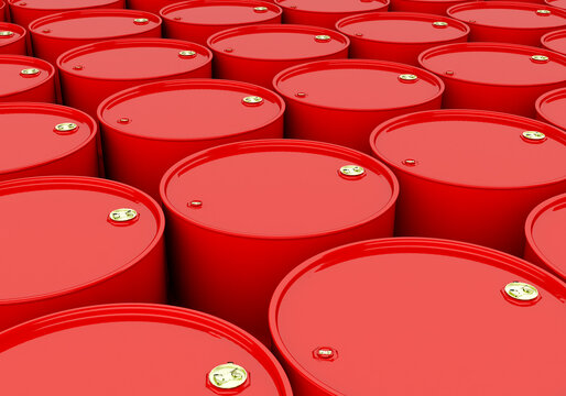 Red barrel. Chemicals are stored in metal barrels. Warehouse of petroleum products. Warehouse of chemical products. Many red barrels. 3D image.
