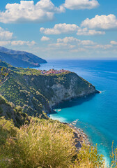 Corniglia (Italy) - A view of Monterosso, one of Five Lands villages in the coastline of Liguria region, part of the Cinque Terre National Park