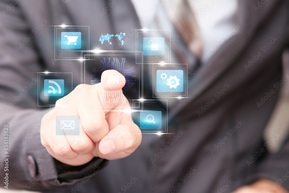 Poster businessman hand touching virtual screening big data and digital transformation technology strategy,