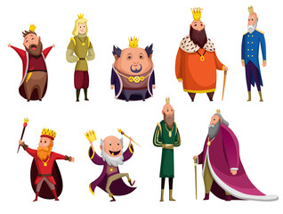 Set of cartoon kings wearing crown and mantle. Different kings in recognizable situations. Color  illustrations
