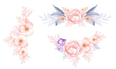 Set of watercolor floral frame bouquets of peach rose  flower with blue leaves illustration