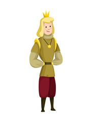 Young sartoon king wearing crown and mantle. Color  illustration