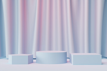 Geometric podiums or pedestals for products or advertising on neutral blue and pink background with curtains, minimal 3d illustration render